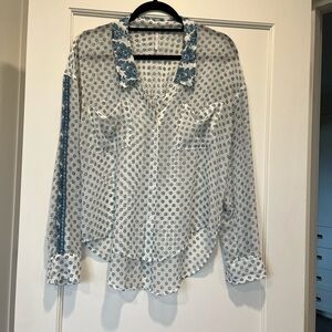 Free People Sheer White and Blue Button Up Blouse